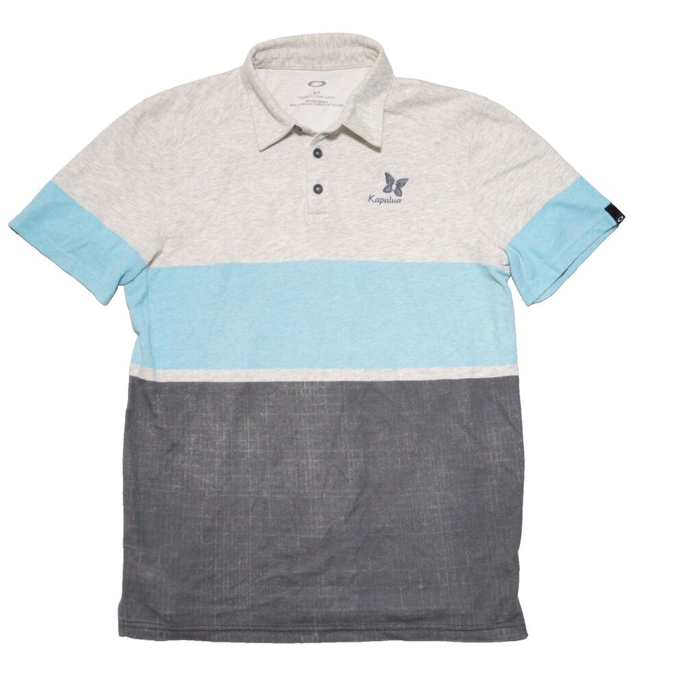 Oakley Polo Shirt Mens Small Gray Blue Striped Lightweight Stretch Kapalua Golf